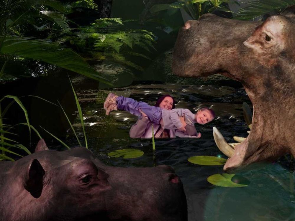 Projectogram featuring mom and son with hippos at Hologram Zoo in Easton, PA